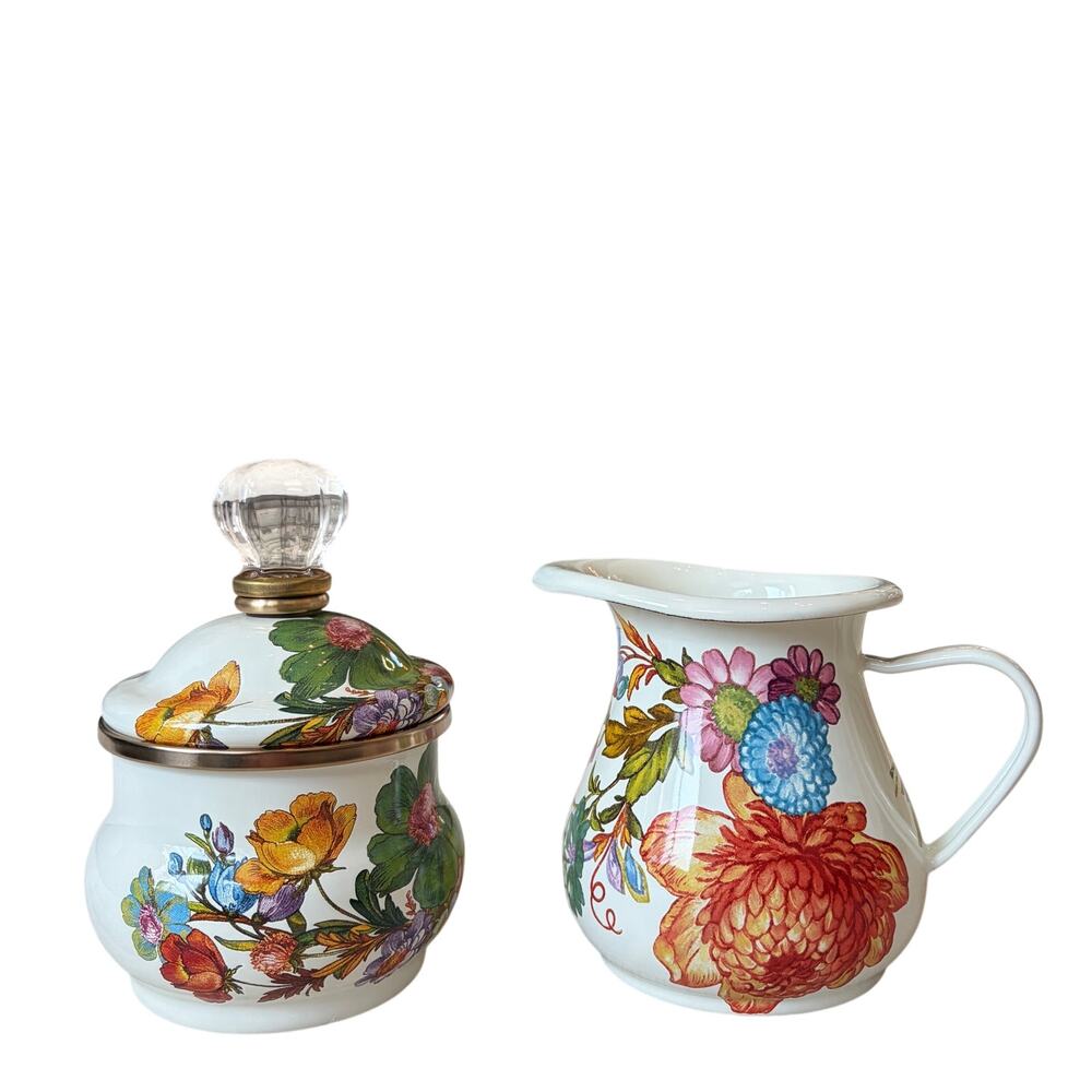 MacKenzie-Childs White Flower Market Creamer & Lidded Sugar Bowl Set NEW